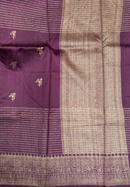 Pure Handloom Tussar Saree-Wine in Traditional Floral Brocade Border