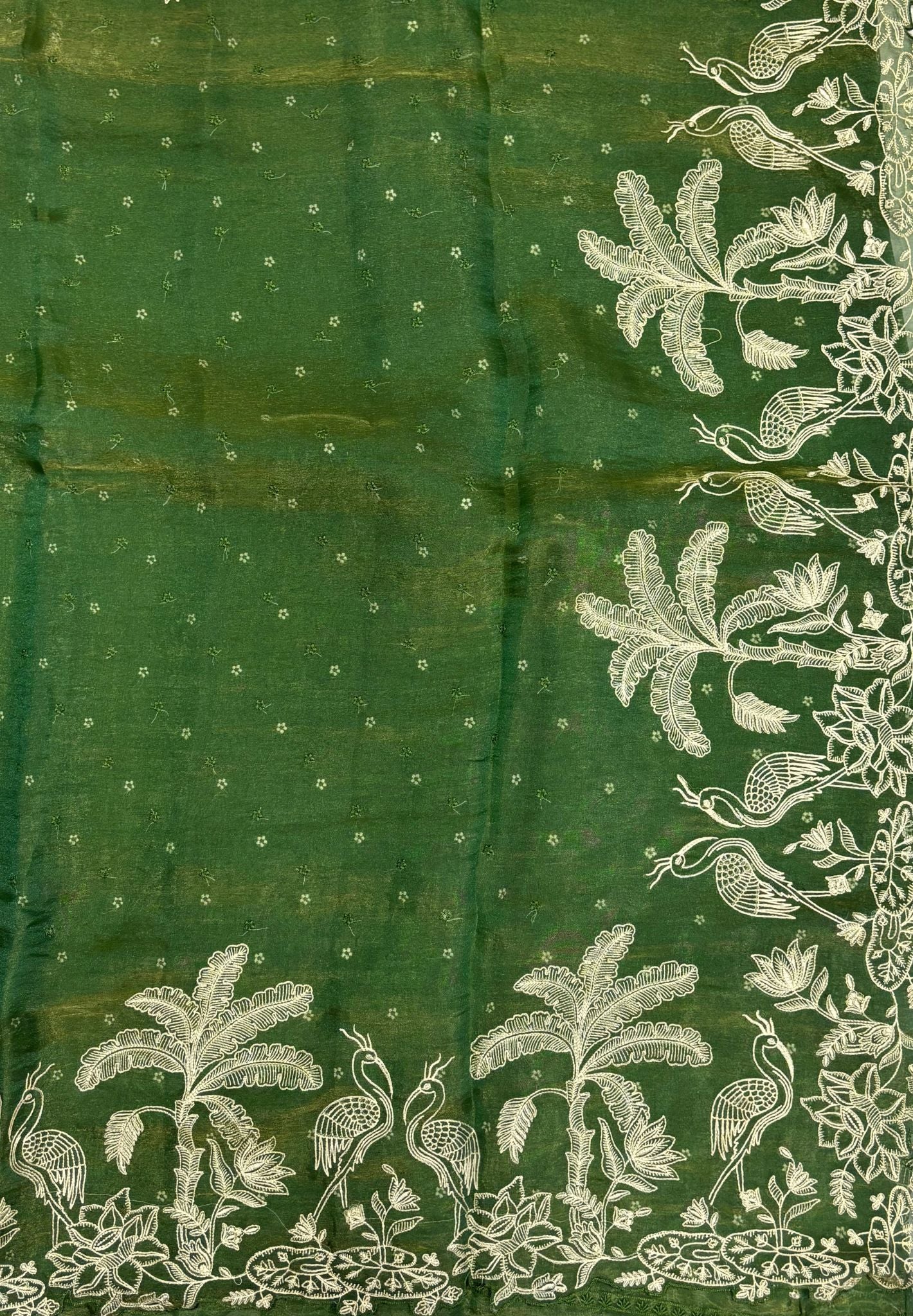 Tissue Organza Saree-Green In Tropical Garden Border