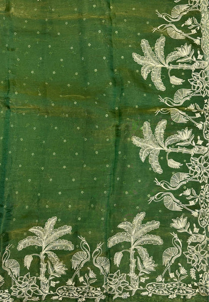 Tissue Organza Saree-Green In Tropical Garden Border