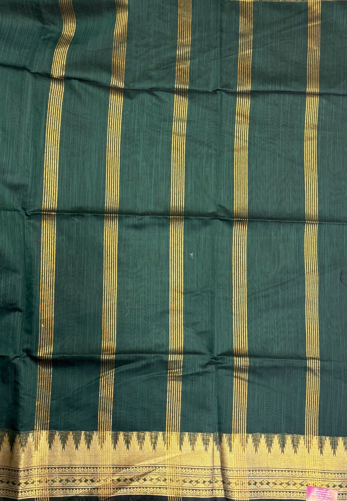 Handloom Silk Cotton Saree-Bottle Green in Temple Tower Zari Border