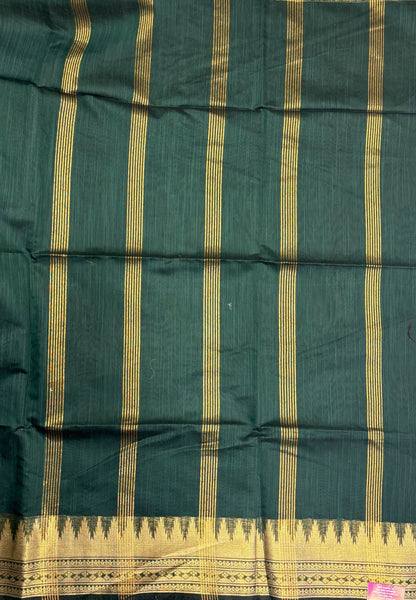 Handloom Silk Cotton Saree-Bottle Green in Temple Tower Zari Border