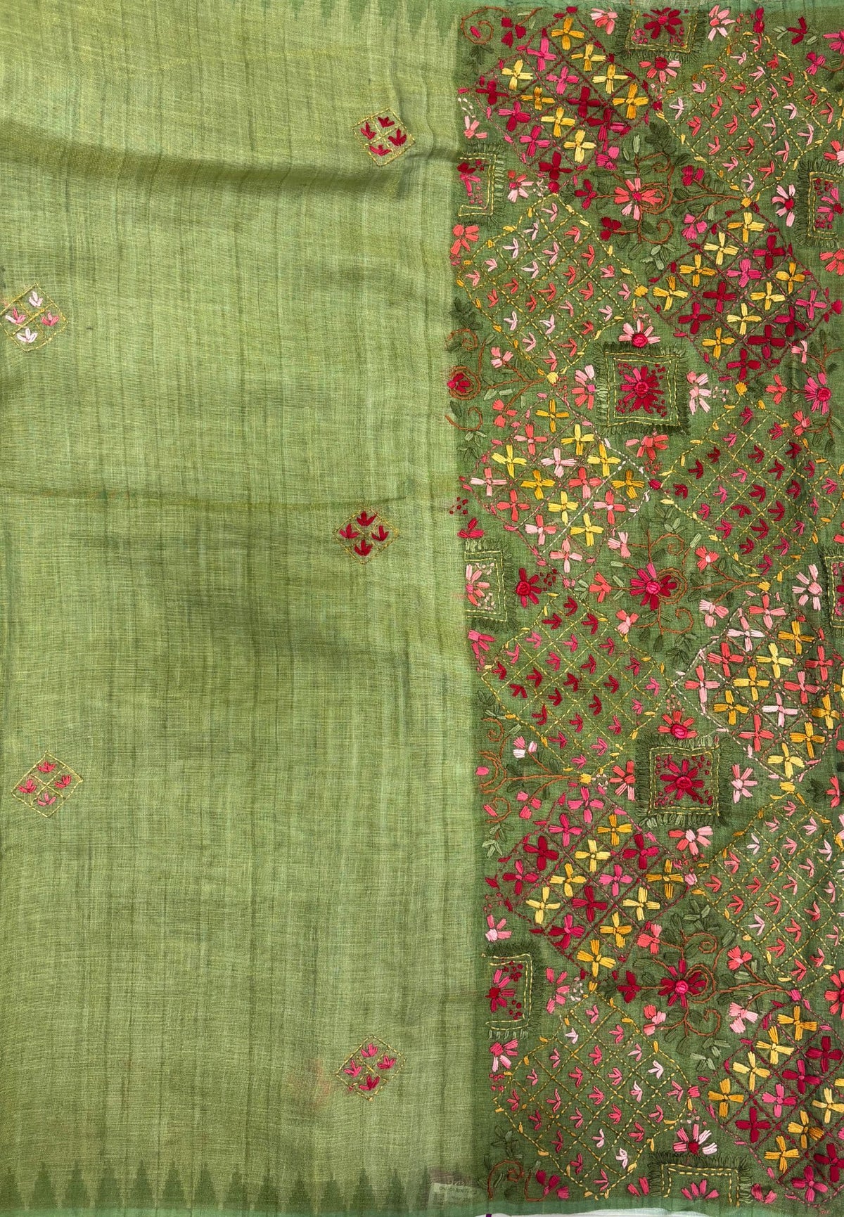 Tissue Linen Saree-Green in Phulkari Embroidery Border