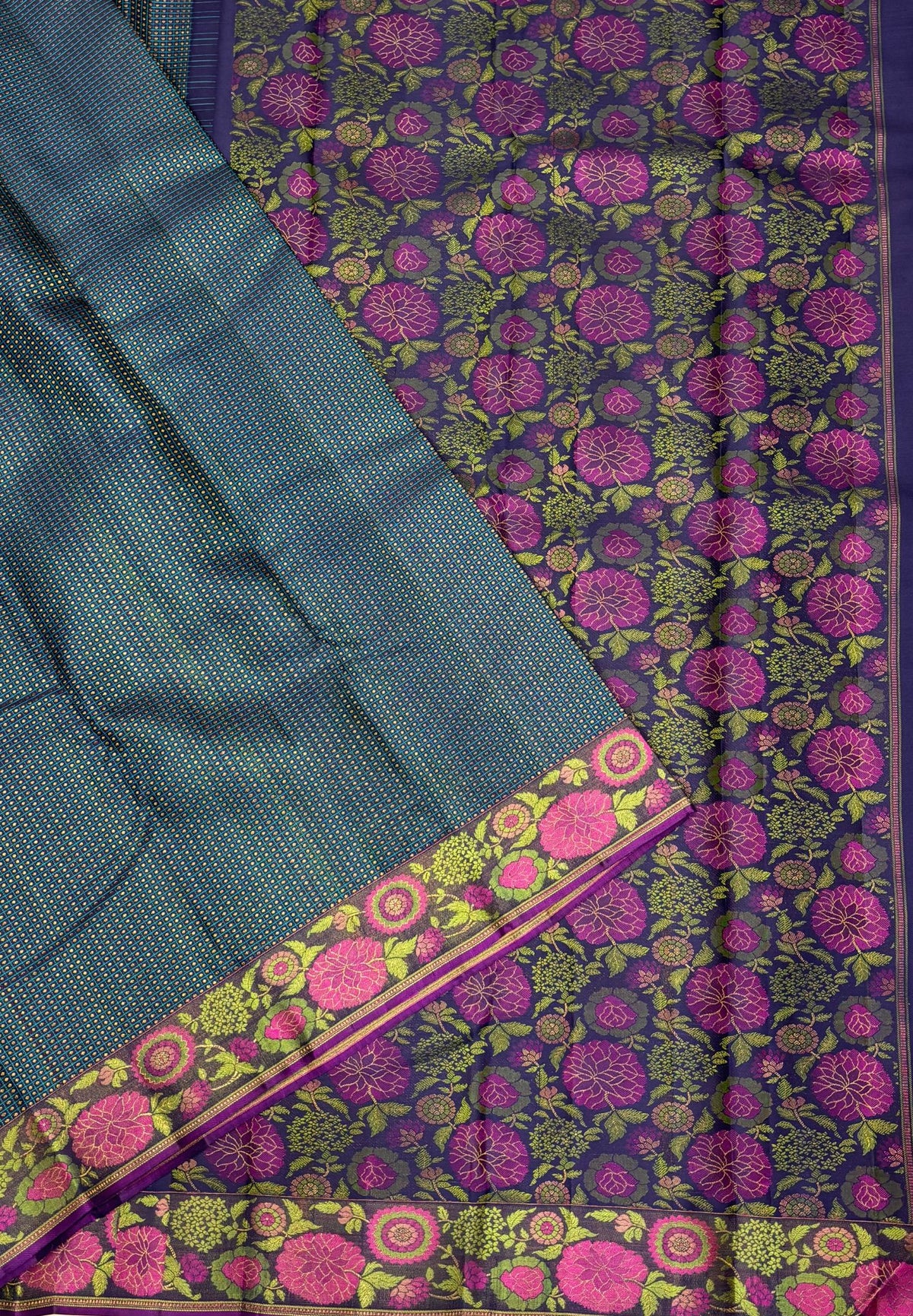 Pure Kanchipuram Silk-Peacock Blue in Floral Chakram Zari Border