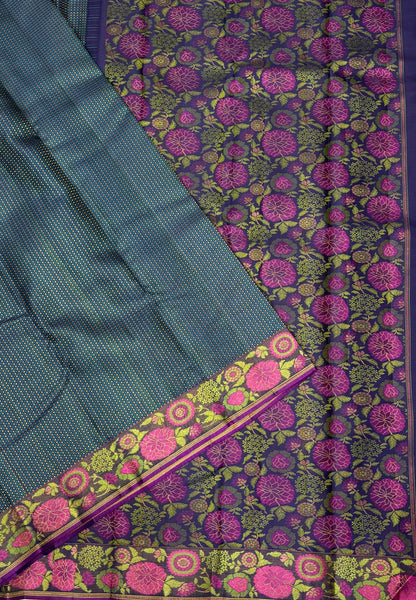 Pure Kanchipuram Silk-Peacock Blue in Floral Chakram Zari Border