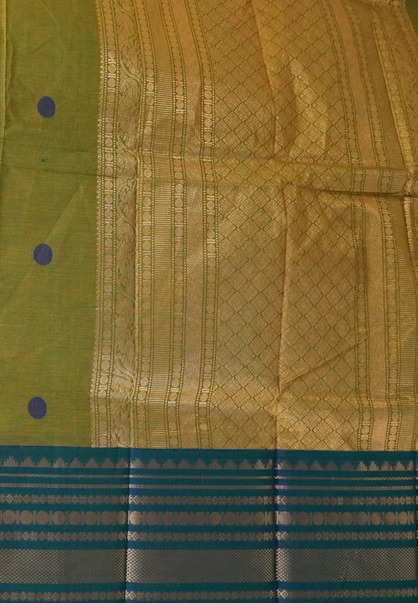 Chettinad Cotton Saree–Golden Green with Temple Zari Border