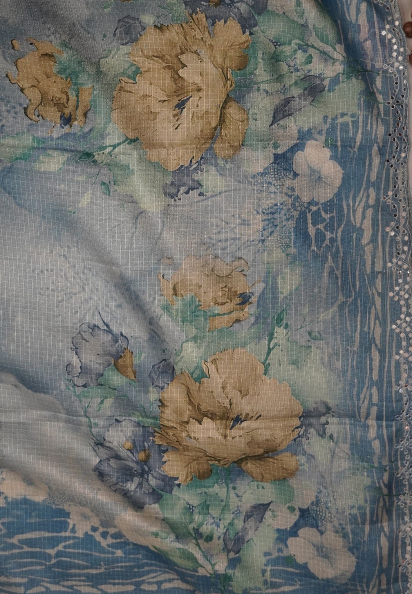 Matka Tussar Saree – Blue Floral Print with Scallop Border