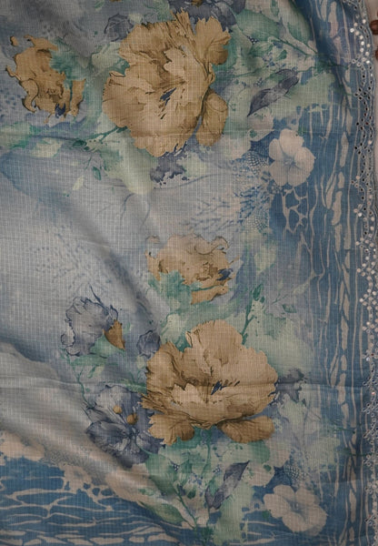 Matka Tussar Saree – Blue Floral Print with Scallop Border