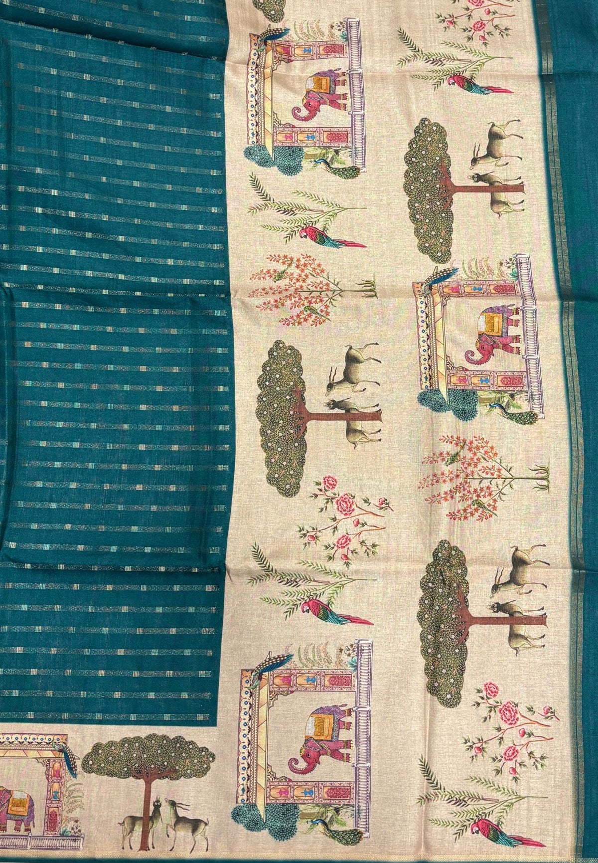 Semi Tussar Saree-Peacock Green in Vanam Kalamkari Border