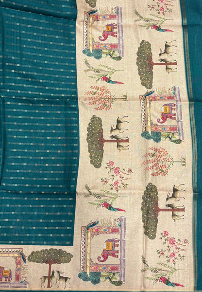 Semi Tussar Saree-Peacock Green in Vanam Kalamkari Border