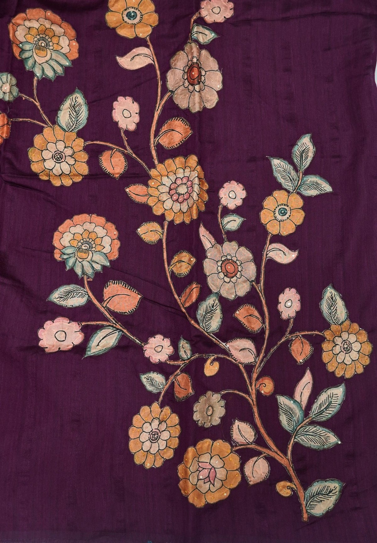 Semi Raw Silk Saree - Wine With Floral Hand-Painted Designs