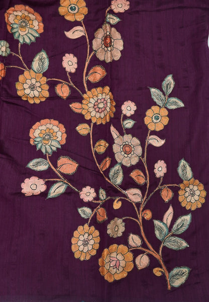 Semi Raw Silk Saree - Wine With Floral Hand-Painted Designs