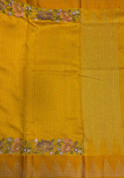 Banarasi Tussar Saree-Yellow in Floral Vine and Linear Zari Border