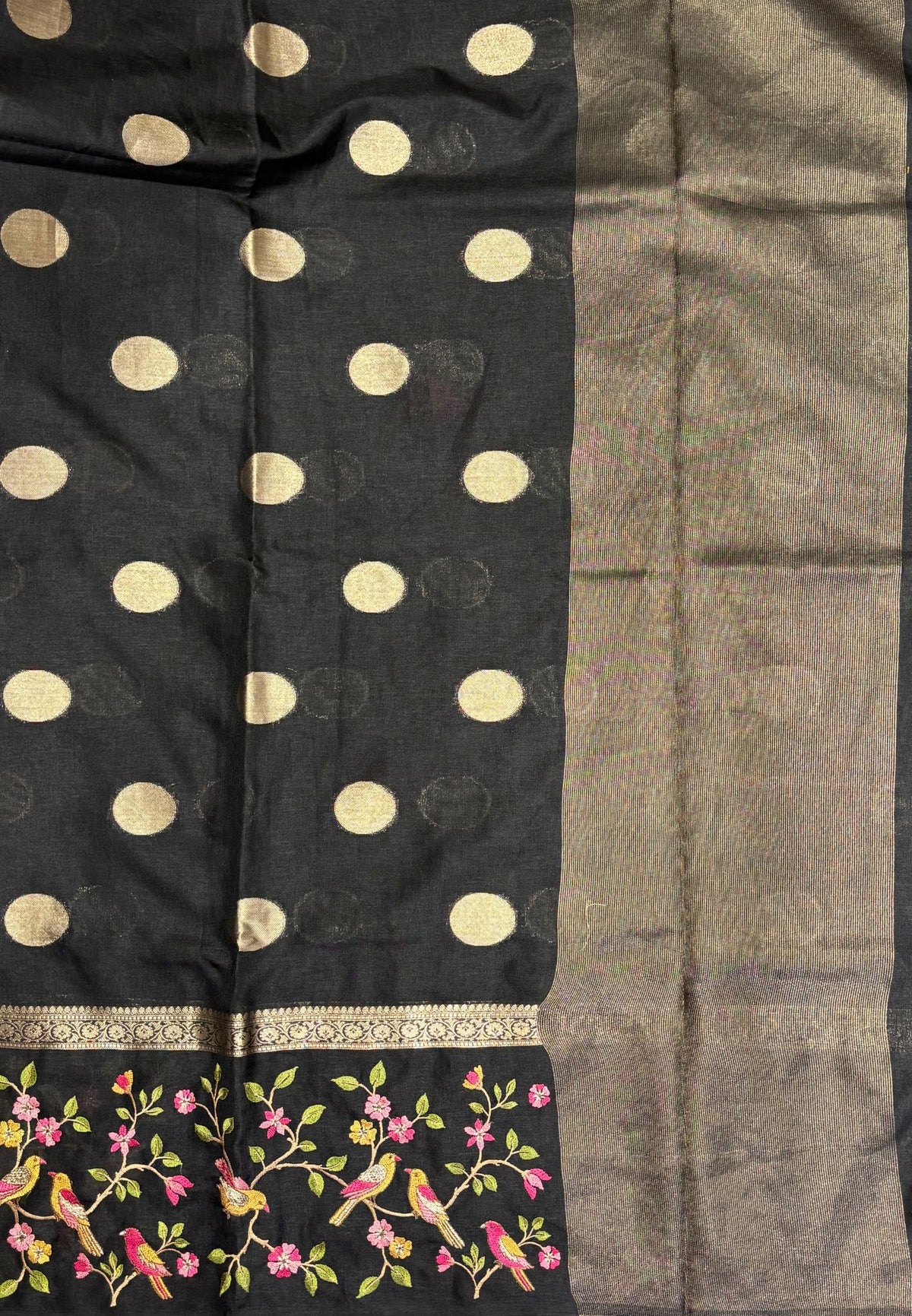 Tussar Saree-Black In Bird & Floral Border