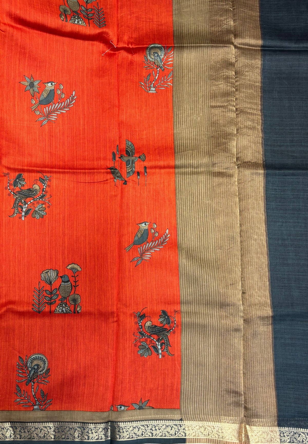 Chanderi Saree-Rust Orange in Traditional Bird Motif Border