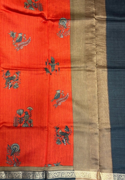 Chanderi Saree-Rust Orange in Traditional Bird Motif Border