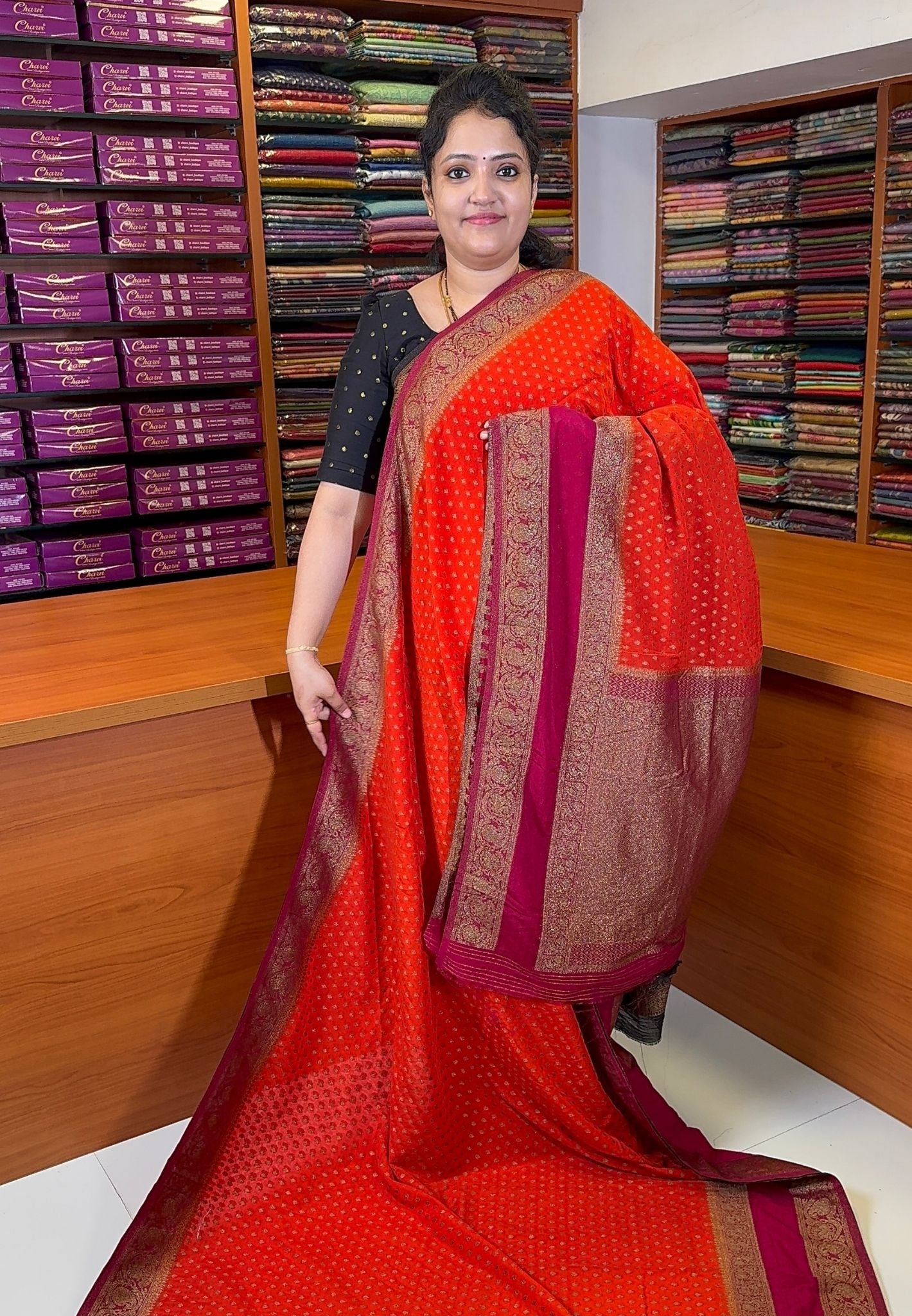 Banarasi Georgette Saree-Orange with Contrast Retapet Border