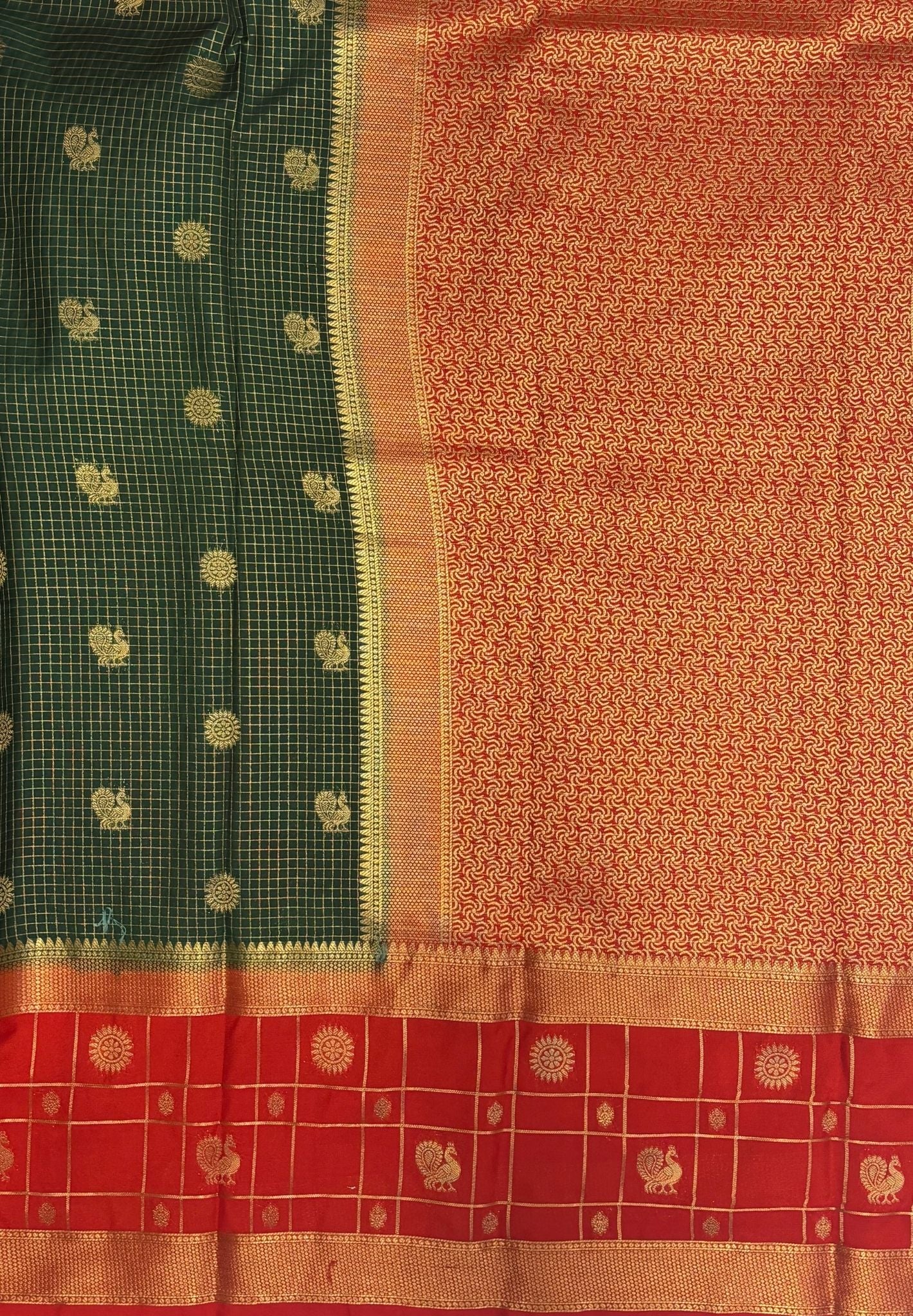 Art Mysore Silk Saree-Green in Checkered Pattern with Contrast Border