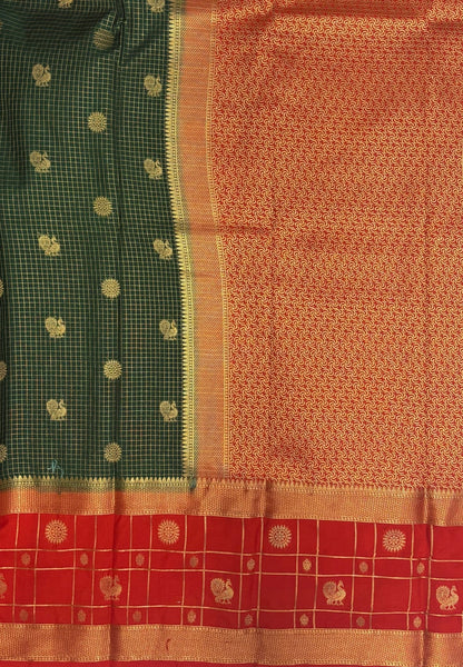 Art Mysore Silk Saree-Green in Checkered Pattern with Contrast Border