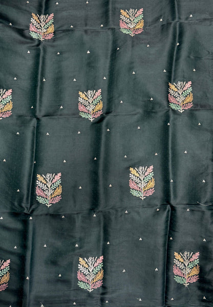 Blueberry Silk Saree-Bottle Green in Leaf Butta Embroidery Border