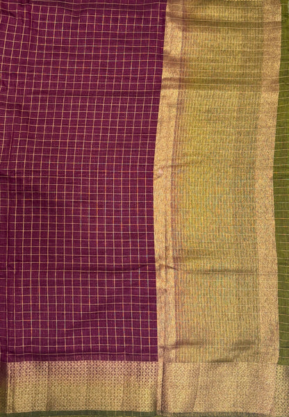 Bamboo Saree-Wine in Mini Checked Zari Border