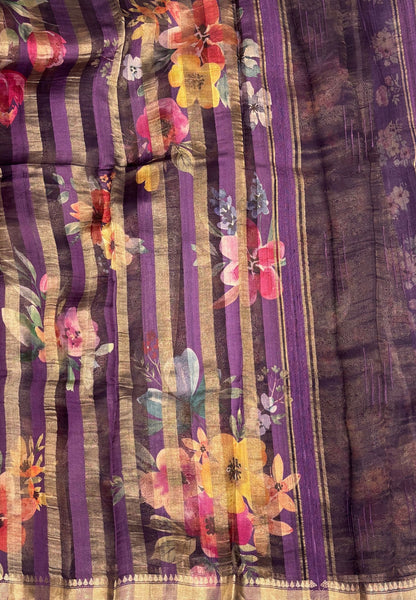 Pure Organza Tussar Saree-Purple In Multi-Stripe Zari Border