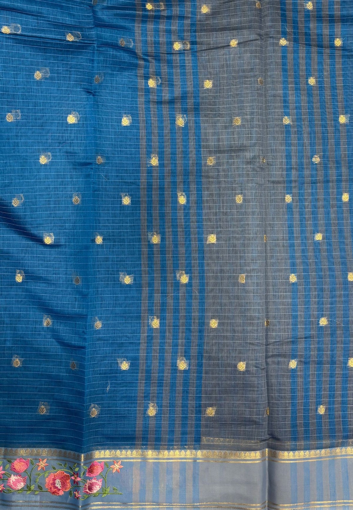 Handloom Cotton Saree-Sulphate Blue in Floral Vine Border with Zari Stripes