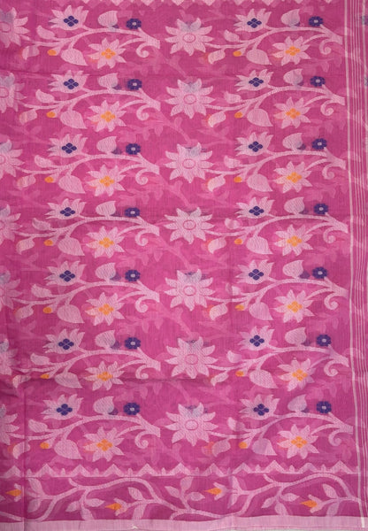 Dhakai Jamdhani Cotton Saree-Pink In Floral Vine Zari Border