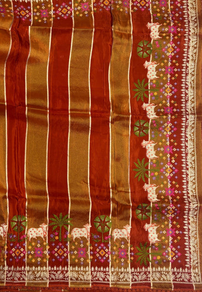 Satin Crepe Saree-Rust Orange In Komatha Floral Border