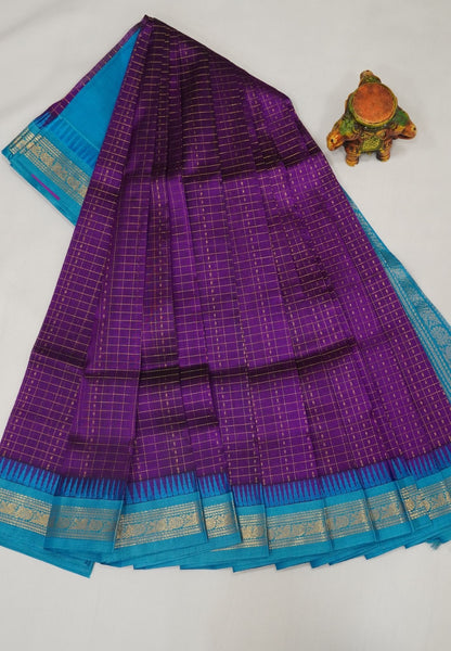 Pure Silk Cotton Saree-Dark Purple in Golden Zari Checks with Contrast Border