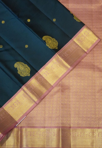 Pure Korvai Kanchipuram Silk Saree-Peacock blue-Light pink with paisley motif