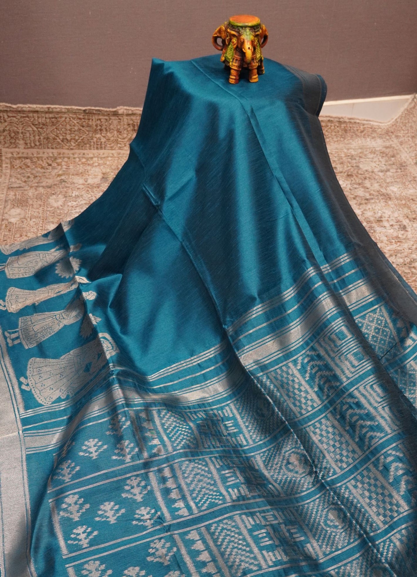 Semi Raw Silk Saree - Peacock Blue with Doll Zari