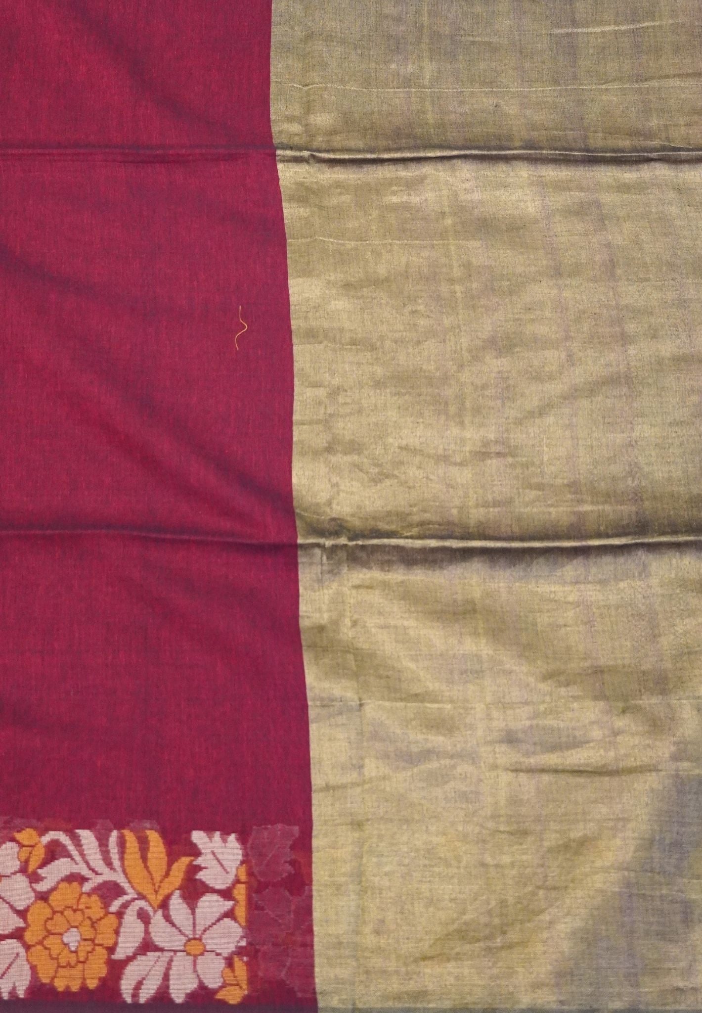 Handloom Cotton Saree-Red Marigold Floral Jamdhani Border
