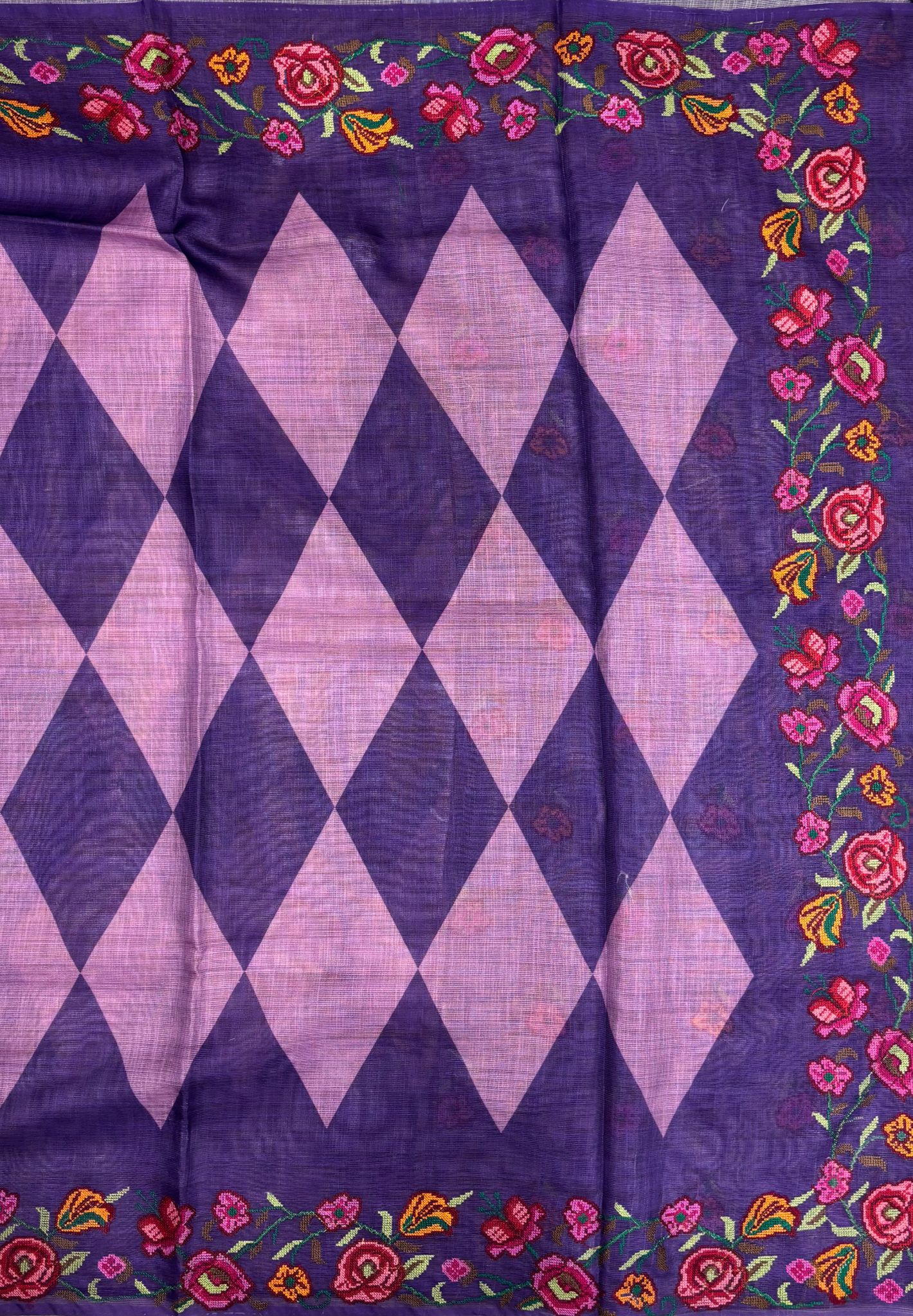 Tissue Linen Saree-Purple In Cross Stitch Floral Border