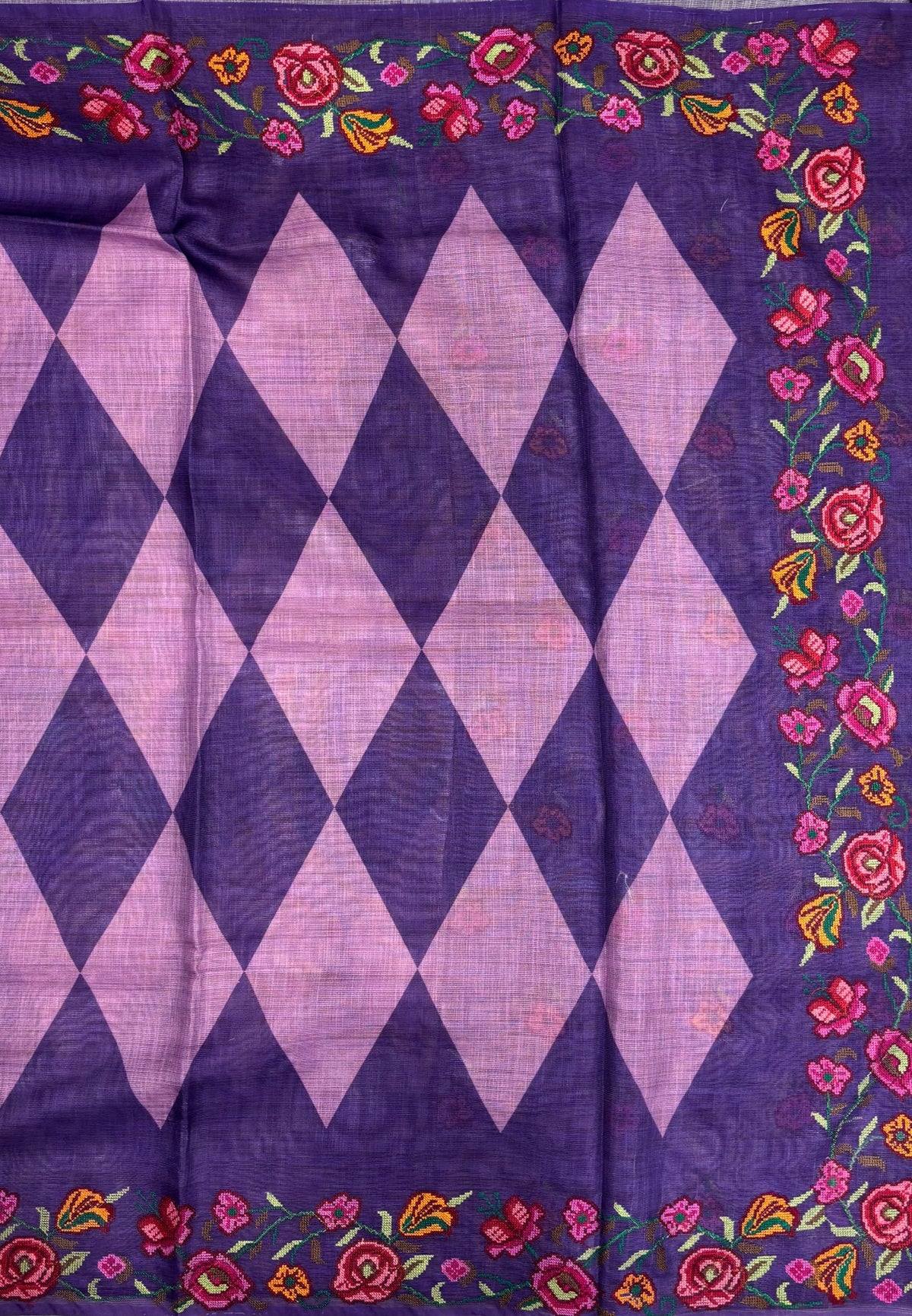 Tissue Linen Saree-Purple In Cross Stitch Floral Border