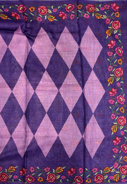 Tissue Linen Saree-Purple In Cross Stitch Floral Border