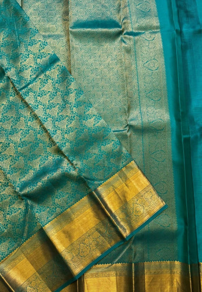 Pure Kanchipuram Silk Saree -Teal Blue Brocade Silk