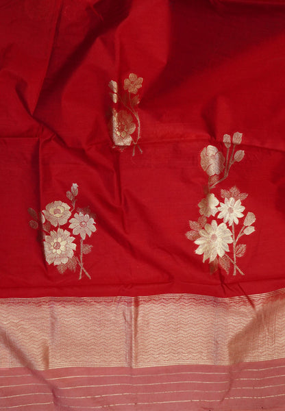 Semi Tussar Saree with Floral Zari Motifs - Red