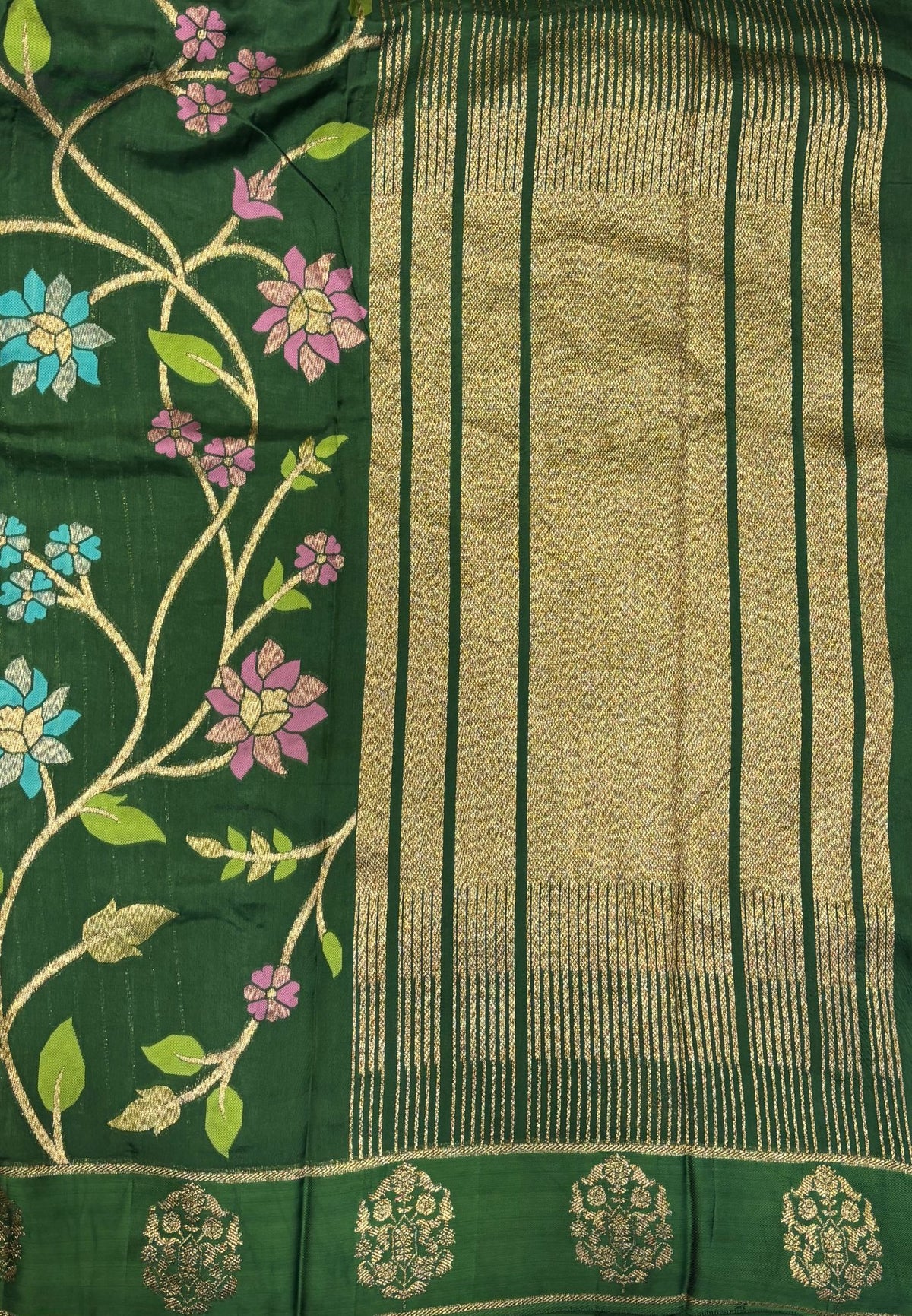 Kattan Silk Saree-Green in Floral Vine Zari Border