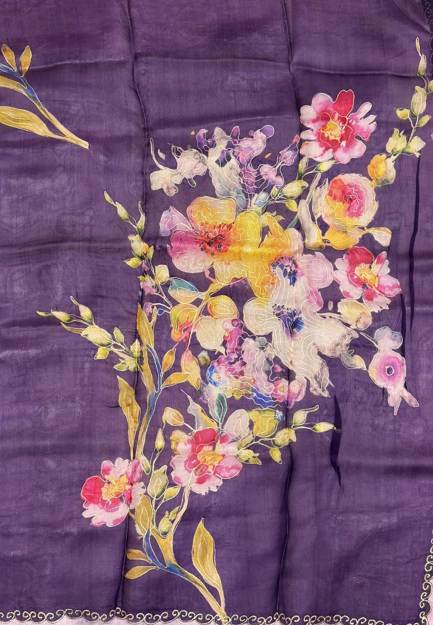 Pure Organza Saree-Dark Purple In Scalloped Scroll Lace Border