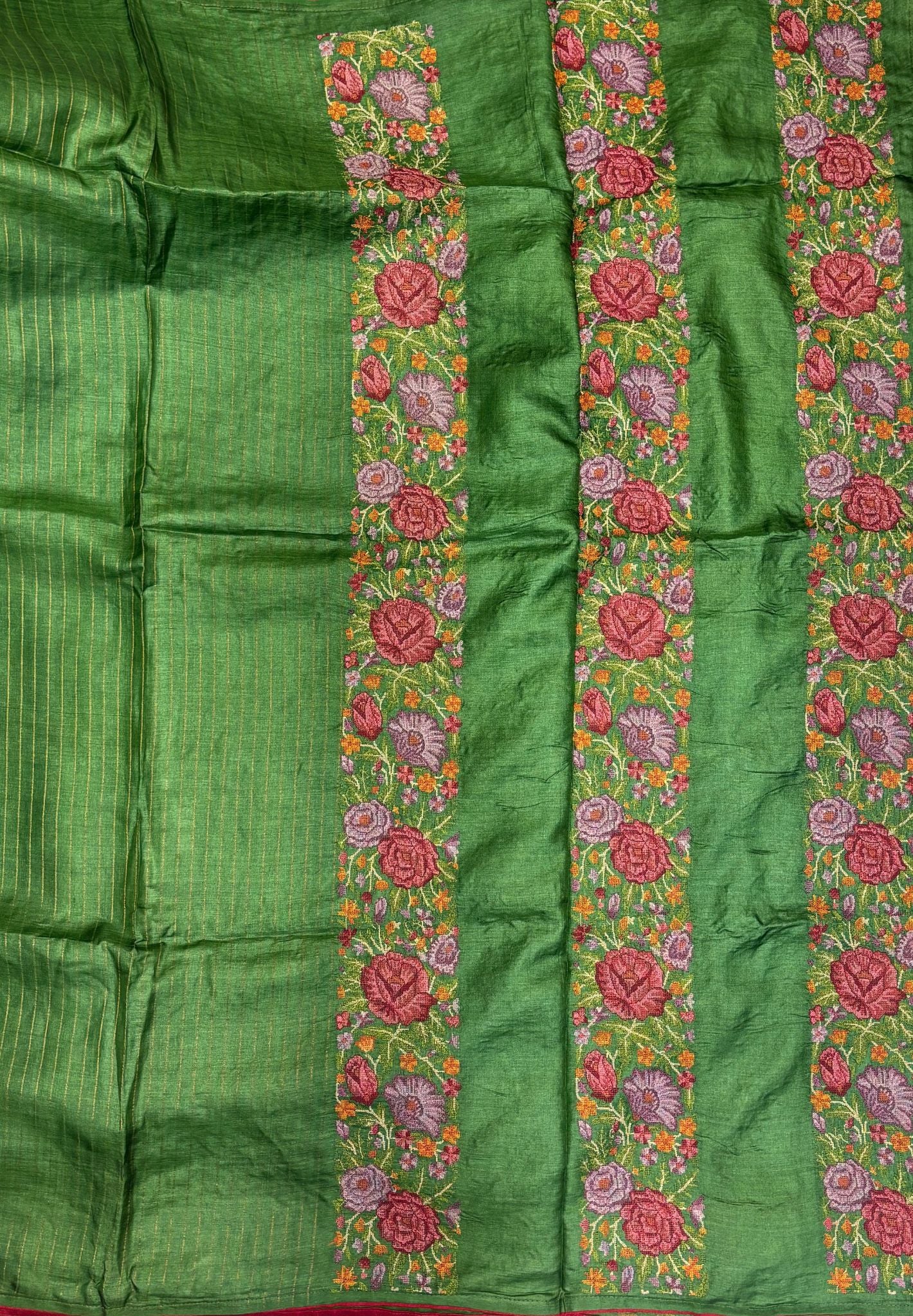 Pure Tussar Saree-Grass Green In Floral Vine Embroidered Border