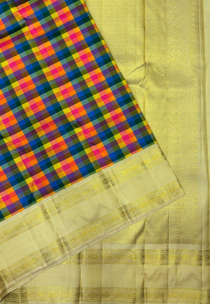 Pure Kanchipuram Silk Saree-Multi Color in Diamond Geometric Zari with Contrast Border