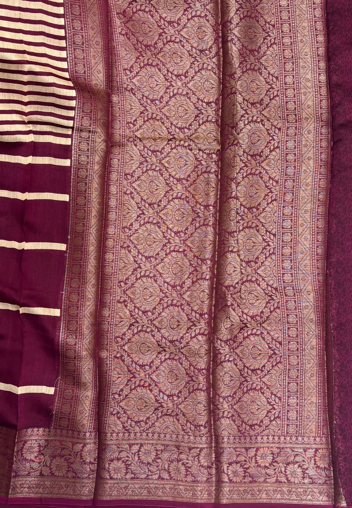 Pure Chanderi Saree-Wine in Antique Zari Floral Brocade Border