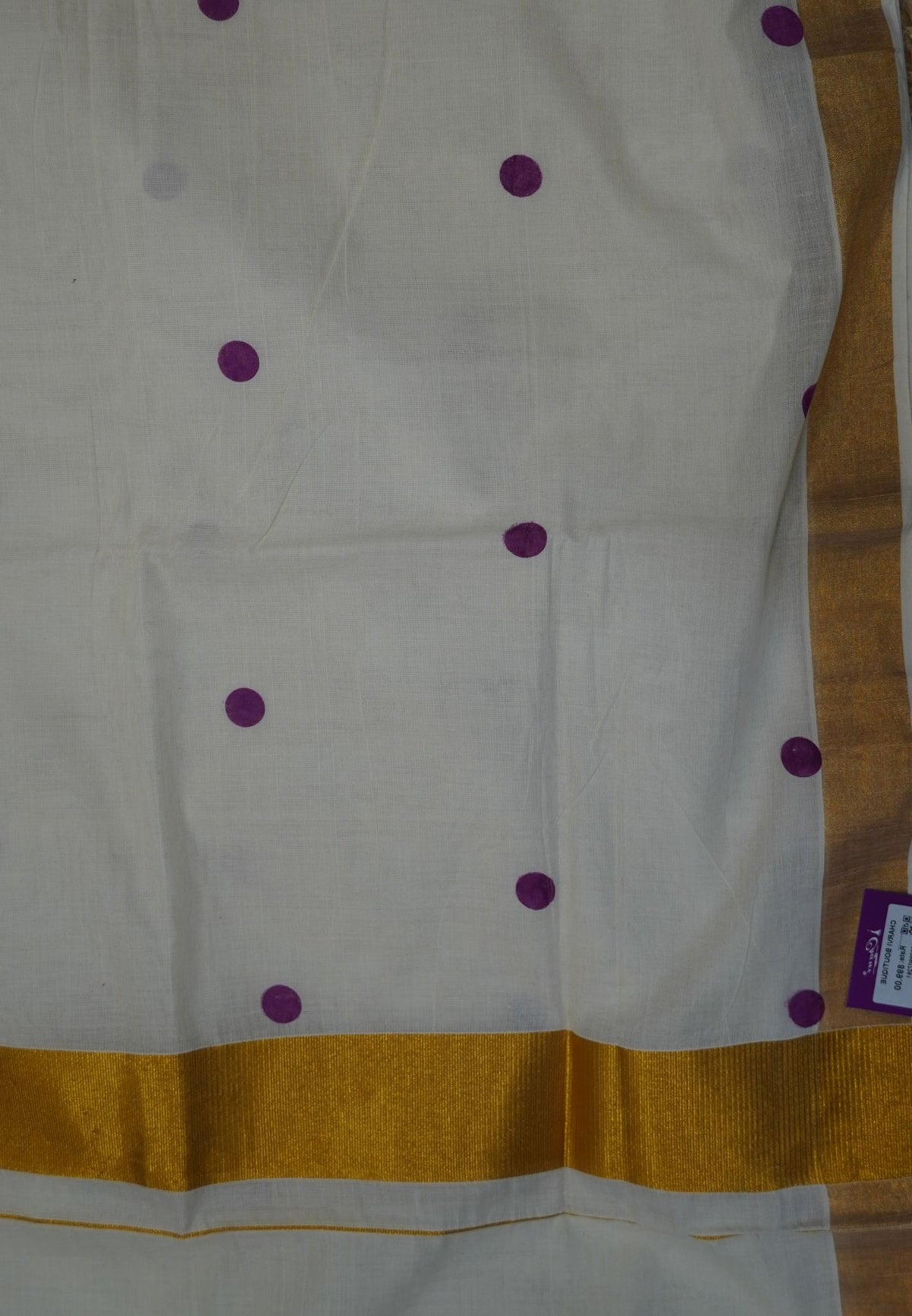 Cotton Saree-Off White with Purple Dots