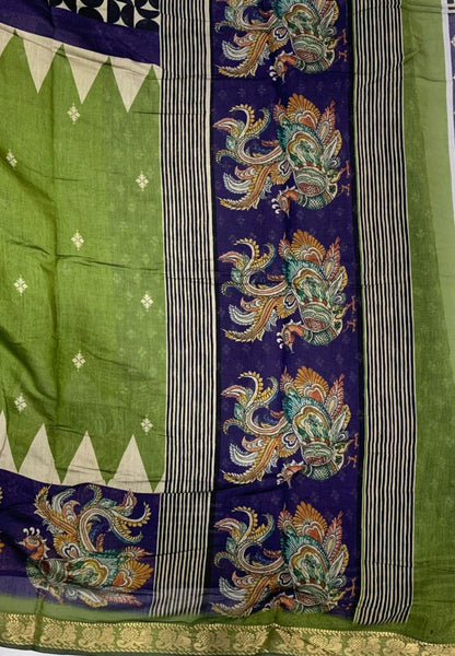 Malai Cotton Saree-Olive Green with Kalamkari Border