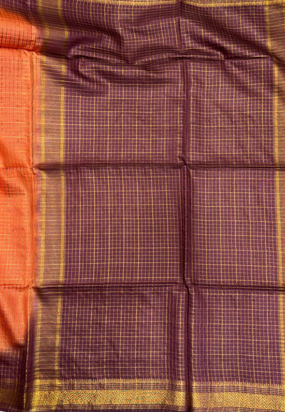 Semi Bhagalpur Tussar Saree-Orange in Zari checks with Contrast Border