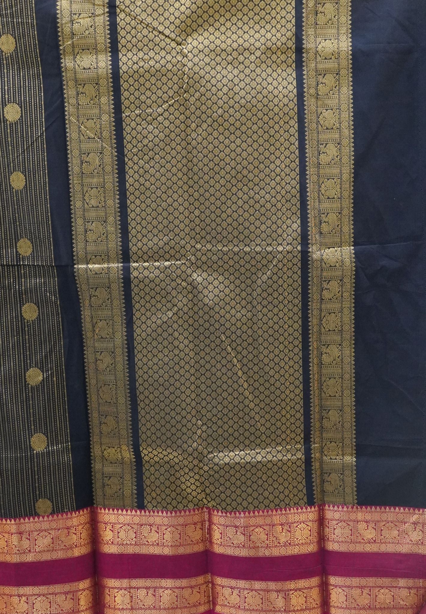 Chettinad Cotton Saree-Space Blue With Peacock & Floral Zari Border