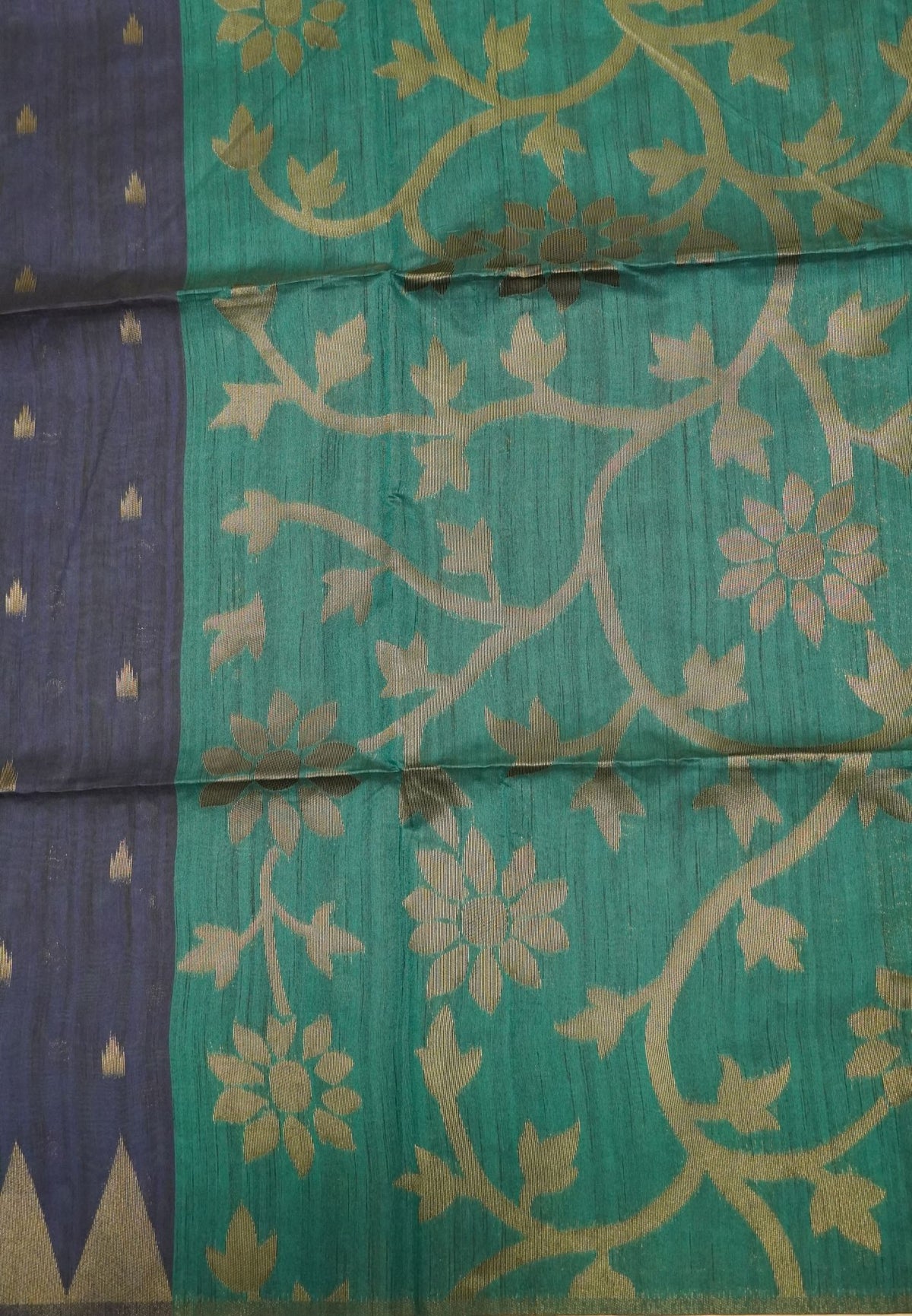 Semi Raw Silk Saree-Navy Blue in Antique Silver Zari Butta with Tower Border