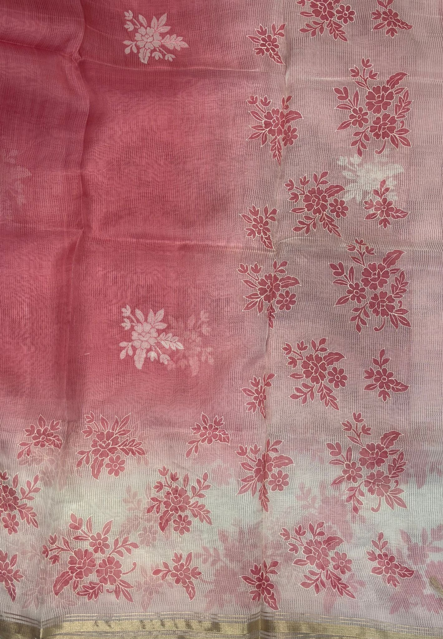 Organza Saree-Peach Pink with Floral Aplique Work
