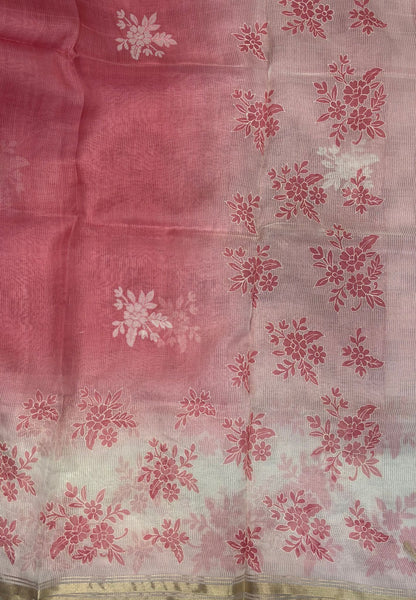 Organza Saree-Peach Pink with Floral Aplique Work