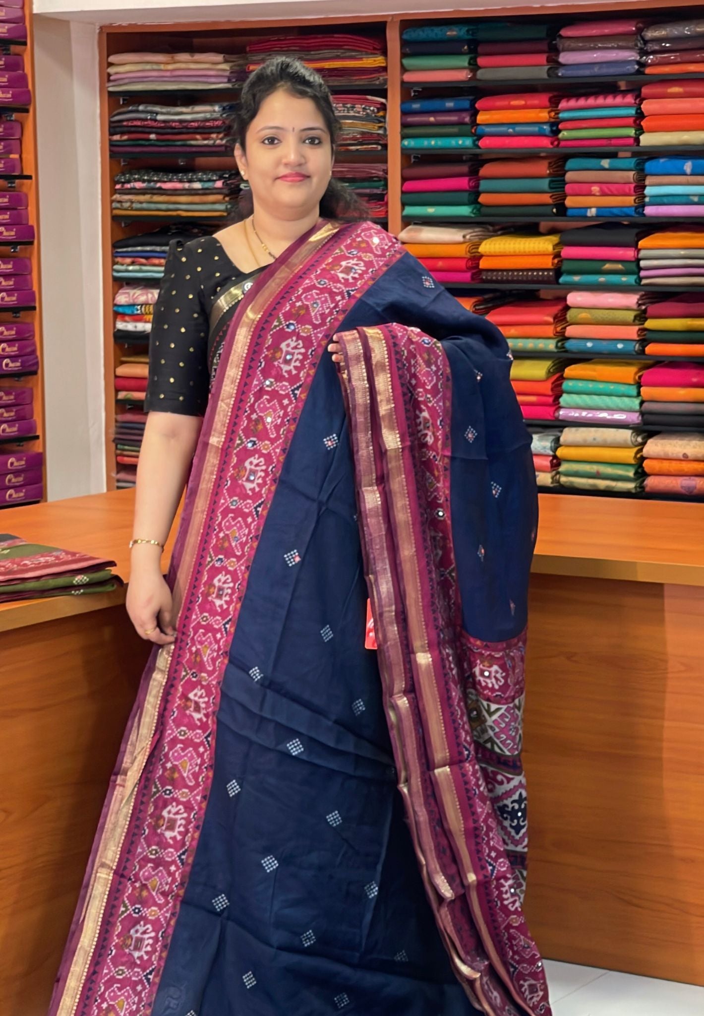 Malai Cotton Saree-Navy Blue with Contrast Pattola Border and Mirror Work